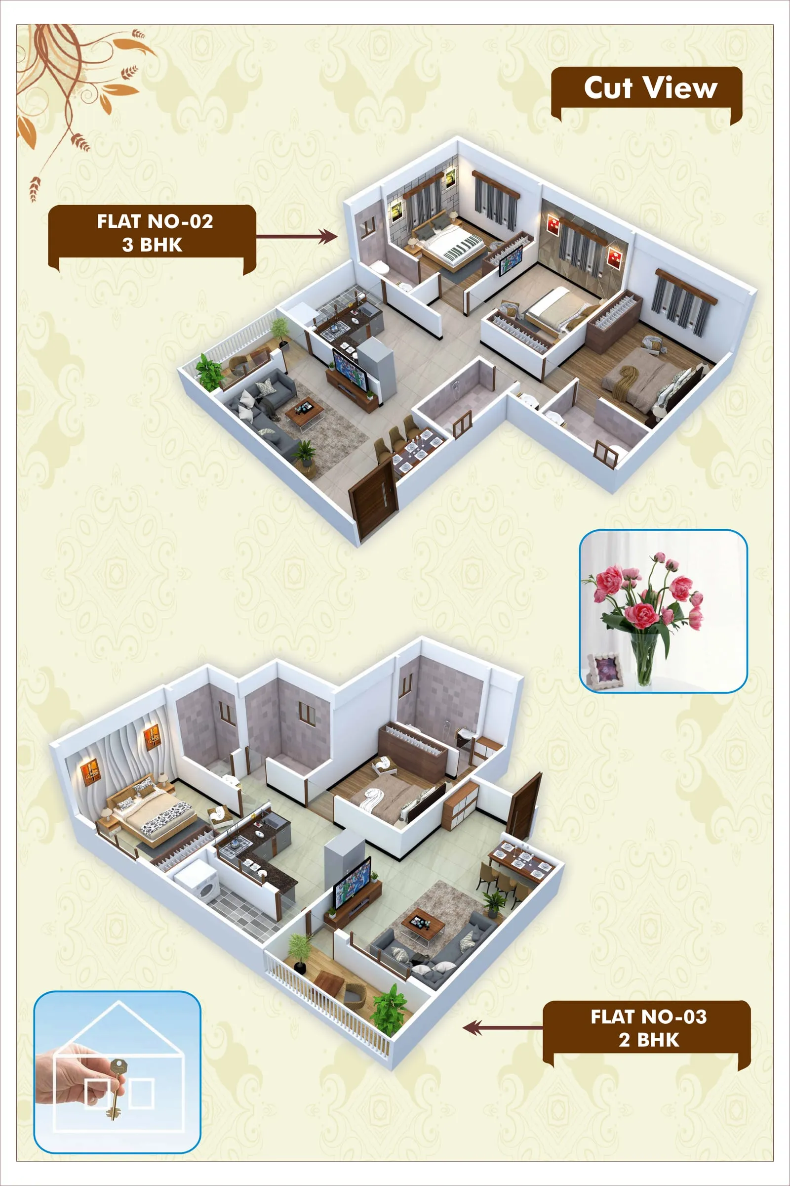 Aashapuri Park cut-view showing 3 BHK and 2 BHK flat layouts