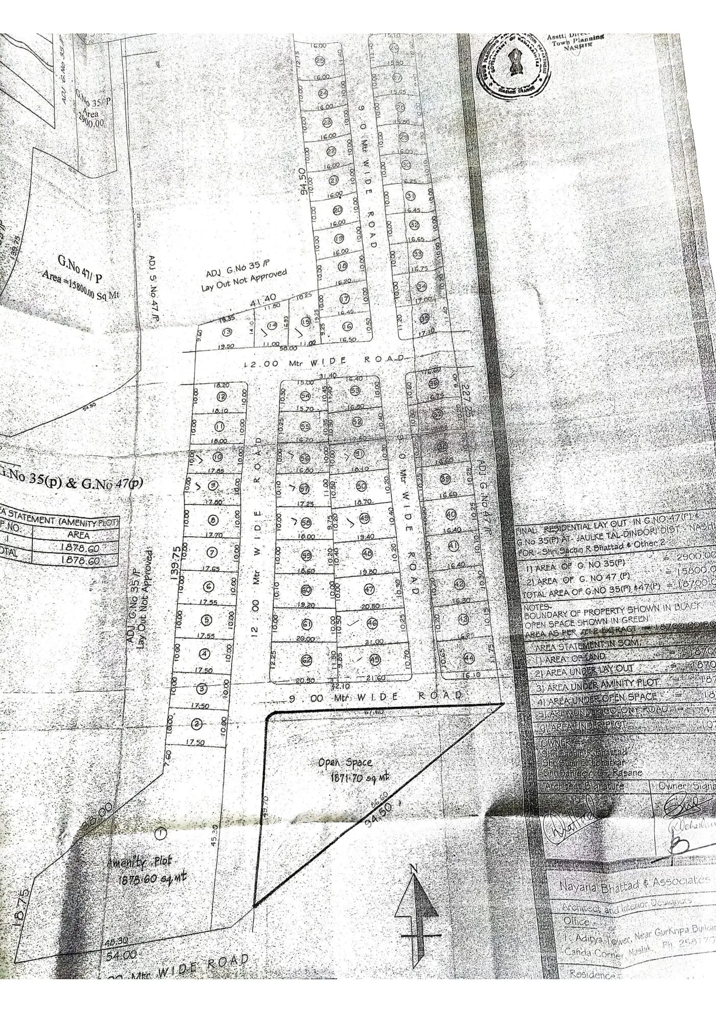 Sanctioned layout plan of Gut No. 35 & 47, Jaulke, Tal. Dindori showing plot numbers, road widths and open space