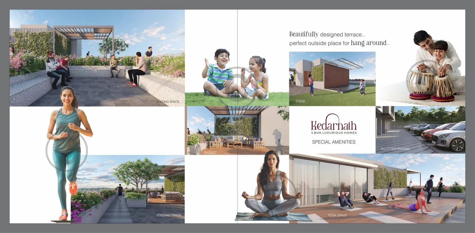 Kedarnath terrace amenities — seating space, gazebo, yoga and allotted parking