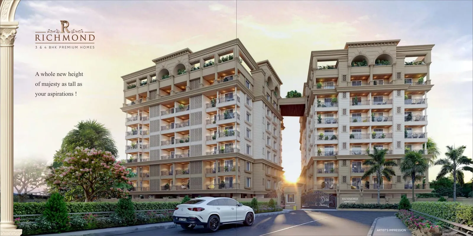 Artist's impression of Richmond — twin-wing 3 & 4 BHK premium apartment towers at Chandak Circle, Nashik