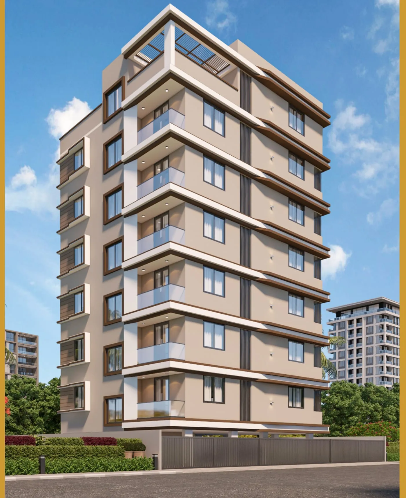 3D elevation render of Shree Park apartments, Baliram Nagar, Nashik